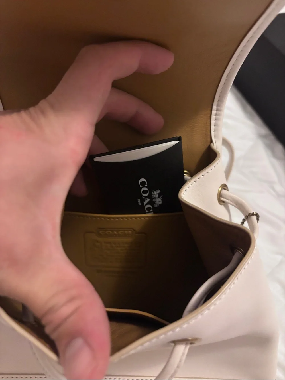 Coach Light Cream Leather Backpack with Gold Turn-Lock